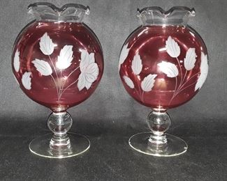 Cranberry Etched Glass Vase