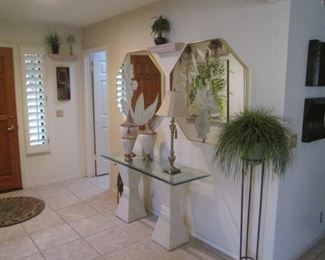 ENTRY HALL GROUPING:  Console with Glass Top & Pedestal Bases, MCM Wall Mirrors & Plant Stand