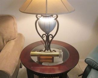 End Table, Wood & Glass Insert, 28" Round.               Wood Trim Matches Trim on Sofa & Loveseat