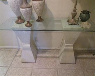 ENTRY HALL:  Console Table, Glass Top & Pedestal Bases, 52" X 18"