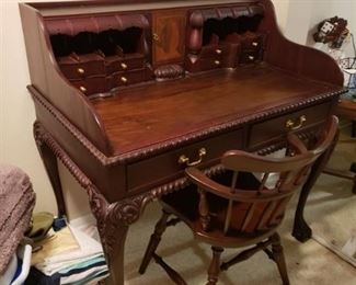 Ornate Antique Walnut Secretary Desk - Dovetail Drawers-Hidden Compartments - Claw Feet -Includes Matching Chair