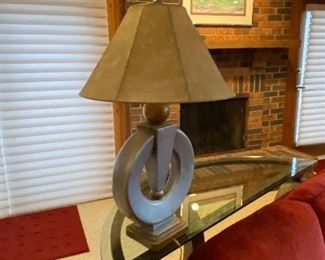 Metal, (bronze)  & glass half moon sofa table $275 & lamps; $75 each (2 available).  