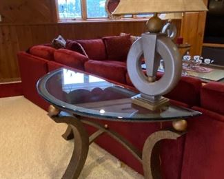 Metal & glass half moon sofa table; Dimensions 59.5" W x 22.5" D x 30" H; $275    LAMPS $75 EA (2 available)