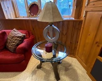 Metal and glass end table; $150;  lamp $75;  Table is 30" diameter, 24" H