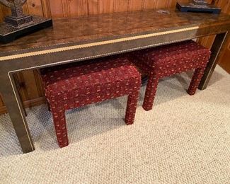 Mastercraft Burl wood Parson's Leg console table (benches not for sale); $275