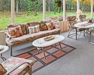 Patio furniture by Brown Jordan; Oval table with 4 chairs; 2 side chairs; one ottoman; sofa; coffee table; side table; cushions, and 5 folding chairs with matching cushions; $2000 for all