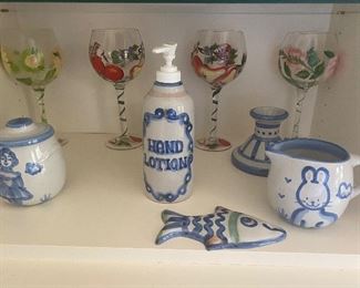 Mary Hadley pottery; painted wine glasses