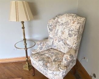 Queen Anne upholstered chair $150; Lamp/table brass $75