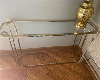 Brass/Glass sofa or entry way tables; 2; 50" L x 16" D; $150 each