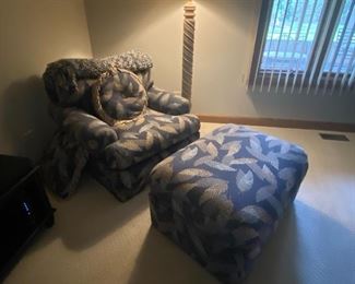 Walter E Smithe Blue upholstered chair & ottoman; ottoman is 37" x 25"; $275 chair; Ottoman $125