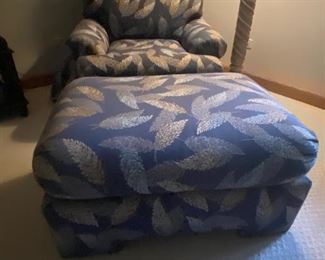 Blue upholstered chair & ottoman; ottoman is 37" x 25"; $275 for chair; $125 ottoman