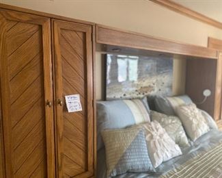 Huntley by Thomasville headboard with bridge ; Upholstered wood bench.  Dimensions for bridge units: 71" H x 24" W x 17" D, plus bridge top to fit a King Bed.  3 Piece Bridge Unit: $275.  