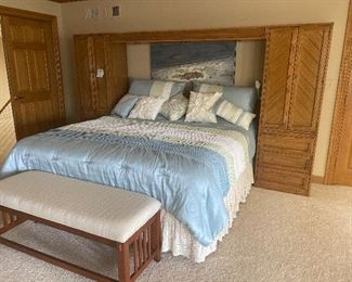 Huntley by Thomasville headboard with bridge ; King Bed NOT FOR SALE at this time; Upholstered wood bench.  Dimensions for bridge units: 71" H x 24" W x 17" D, plus bridge top to fit a King Bed.  3 Piece Bridge Unit: $275.   bench has sold.