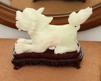 White jade foo dog on stand with original box.l