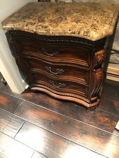 Beautiful 3 drawer nightstand with marble top and  exquisite detail  /fancy  hardware