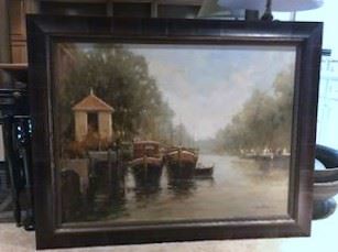 leather frame with signed Art - boats at dock on waterway