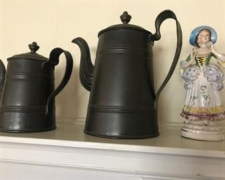 Vintage tin coffee and tea servers, vintage hand painted Japanese figurine