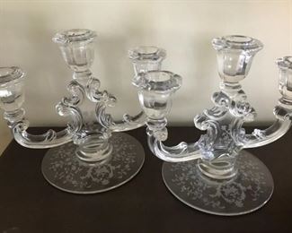 Pair of etched three light glass candlesticks