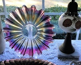 Gorgeous iridescent platter, one of pair of painted table lamps