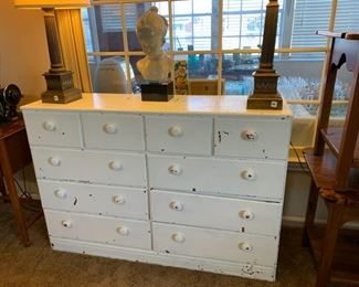 	#12	White distressed painted chest of drawers with 10 drawers 52"x15"x35"	 $45.00 	 