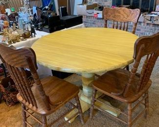 	#18	Yellow painted wood table with 3 oak chairs 42"x29"	 $65.00 		