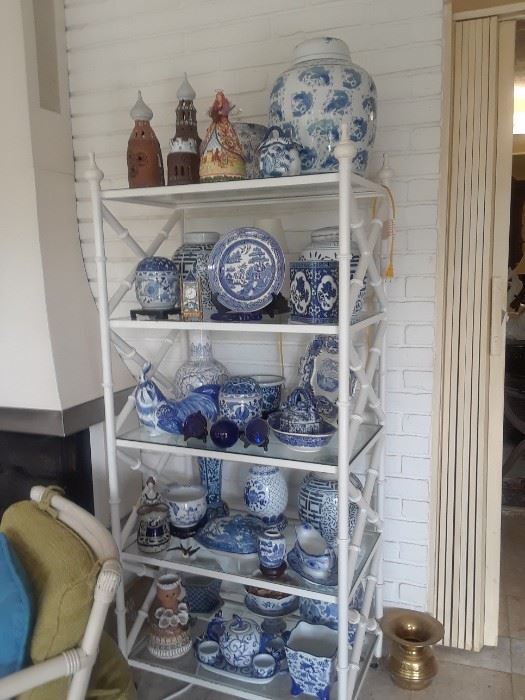 One of several etageres and a sampling of the large selection of decorative blue and white ceramics and porcelains.
