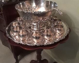 Sterling German punch bowl, cups, and ladle. Tray is silver plate. Priced as a set.