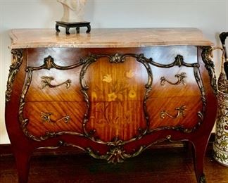 Louis XVI-Style Bombe Chest with Bronze Mounts and Floral Inlay; Alabaster Nouveau Bust of a Woman