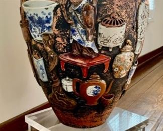 Stunning Japanese Artisan Vase Mounted on Lucite Stand, 28" Tall