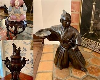 16" Japanese Bronze Samurai; Nodder, Germany; 15" Bronze Incense Burner