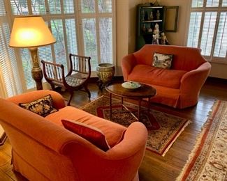 Pair of Love Seats and 1910 American Horseshoe Bench