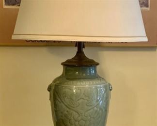 Celedon Table Lamp with Linen Shade