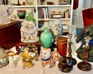 Brilliant Cut Glass Pitcher; W. and P. Pillin Vase; Artisan Turtle Box; Dresden Monkeys; 1880's German Ceramic Pugs