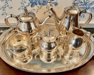 Sterling Silver Tea and Coffee Set by International Silver, "Royal Danish"; Tray is Silverplate by Wilcox