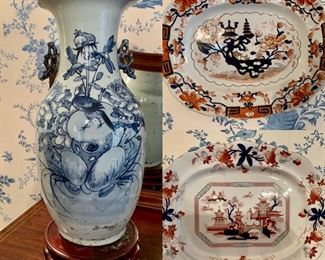 27" Tall Chinese Celedon and Blue Vase; Mason"s English Platter; English Platter