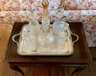 English Tea Table holding Tray of Crystal Decanters
