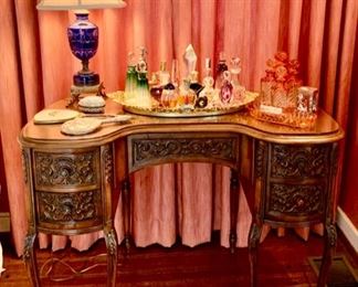 Vintage Kidney Shaped Dressing Table; Perfume & Scent Bottle Collection; Cobalt Urn Lamp...