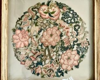 Framed Antique Chinese Blind Stitched Peonies in Foliage