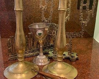 Judaica....Torah Pointer, Antique Brass Candle Sticks, Kiddish Cup, Modern Menorahs