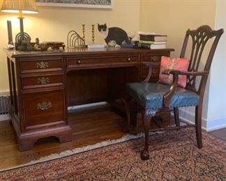 Wool Area Rug; Chippendale "Style" Arm-Chair; Leather-Top Desk, keyboard-drawer; Lighthouse Seascape...
