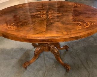Antique Loo Table, Inlay Top, Swivel Base on Casters