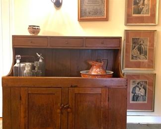 Mid 19th Century Farmhouse Dry Sink (repurposed here as bar); Currier & Ives 1850's Lithographs; Framed 1843 Sampler