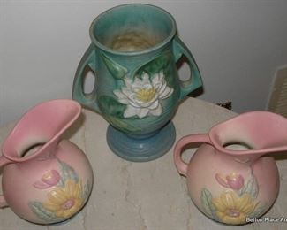 Roseville Pottery Waterlily with a Pair of Hull  Pitchers