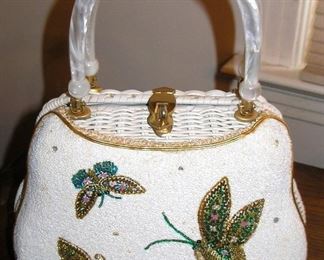 Beaded Butterfly /Mother of Pearl Handled Purse Vintage
