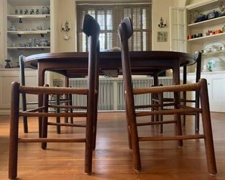Teak Dining Table with Three Extensions, Rush Seat Teak Chairs