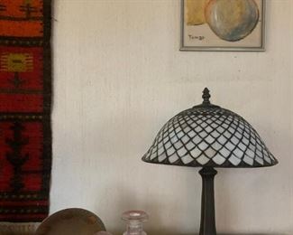 Still Life Signed Tamar, Tiffany Style Lamp, Vintage Enamel Dish