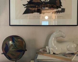 Ken Kamada, Art Glass Plate on Stand, Art Books, Japanese Stallion Laying Down 