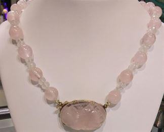 Rose Quartz with Moonstone accent yellow gold necklace