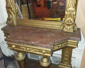 BEAUTIFUL GOLD TONED MIRRORED HALL TREE W/ MARBLE TOP