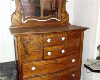 Antique Dresser W/ Crystal Knobs & Mirror